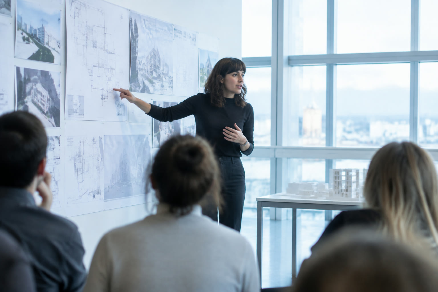 Illustration of an architecture lecture in a theatre, with an audience member standing to speak into a microphone.